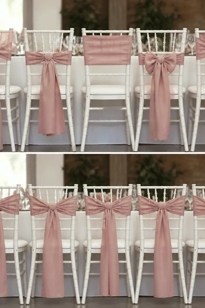A row of chairs with matching sashes. Before: different ribbon widths and loose bows. After: all chairs have the same fabric sash in dusty rose, tied with a consistent knot, and the ends fall to the same length.