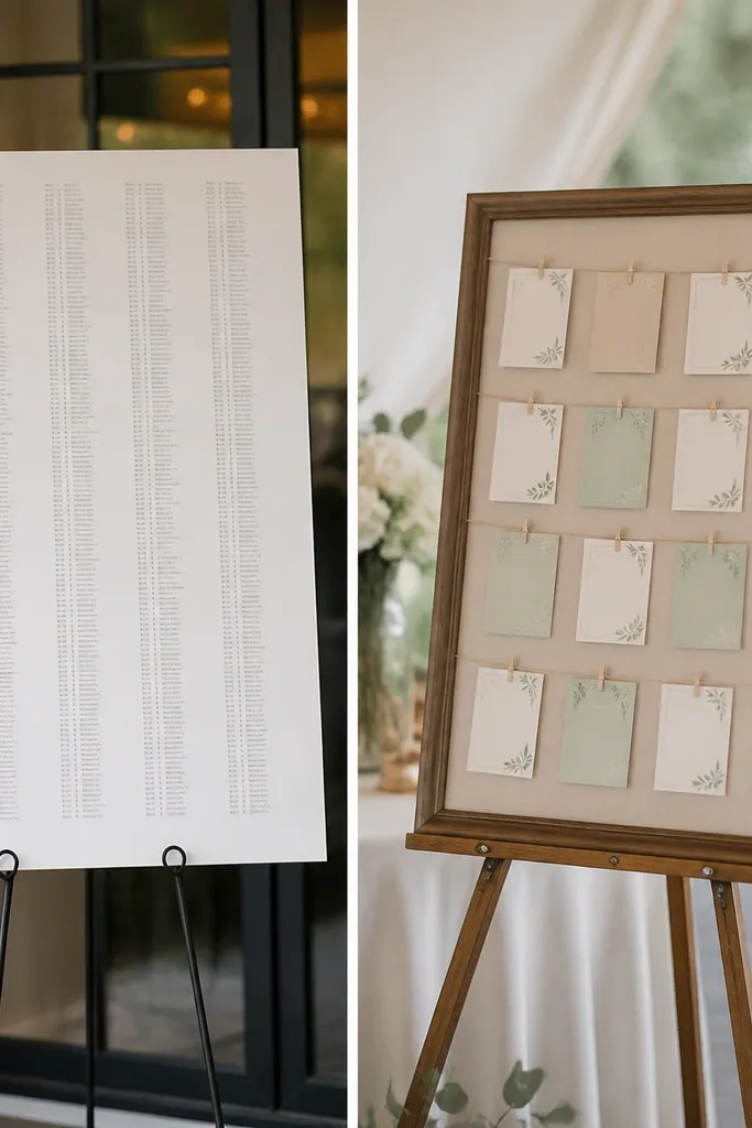 A small seating chart display. Before: a large poster board with tiny text. After: a medium picture frame on an easel with a grid of name cards clipped to string lines, in muted colors. The board is easy to read from a few feet away.