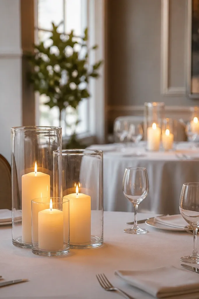 Small dining tables with white linens. On each table, three hurricane vases hold LED flameless candles of different heights. Warm candlelight flickers gently and reflects on the glass without being harsh.