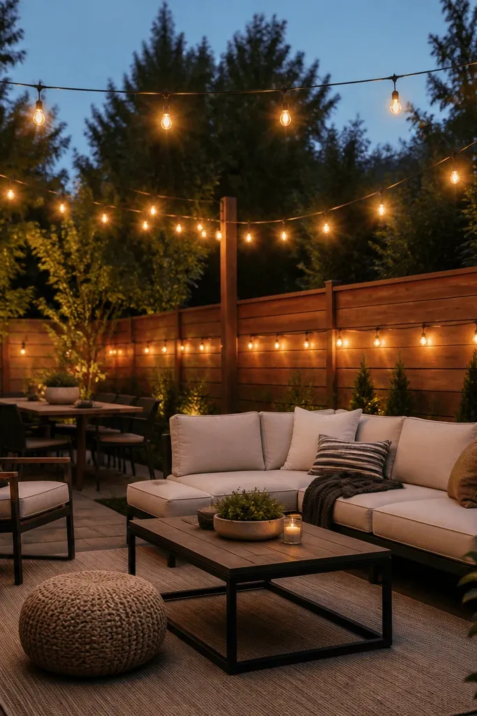 A backyard patio with string café lights stretched between posts. Some strands hang higher for ambient glow and a second strand runs lower along the fence line. The lighting looks even and warm.