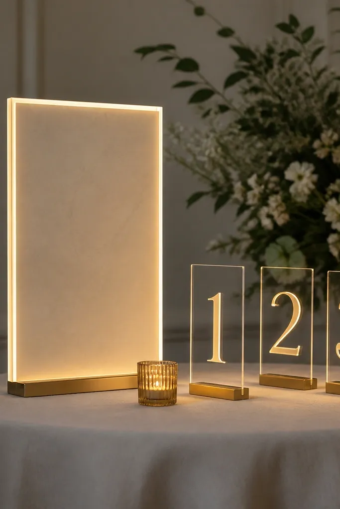 A small welcome table with a menu board lit from behind. Table numbers are mounted on thin acrylic panels with warm LED backlighting, glowing against a neutral backdrop.