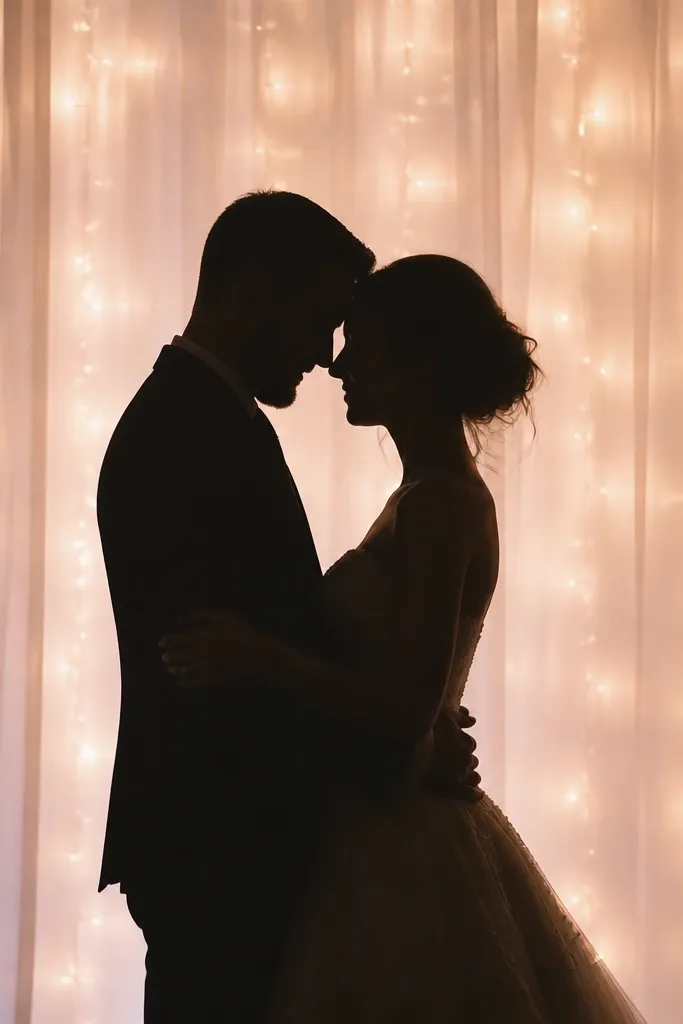 A sheer white curtain backdrop with warm string lights woven behind it. The curtain glows softly, and the couple's silhouettes show clearly in front of the light.