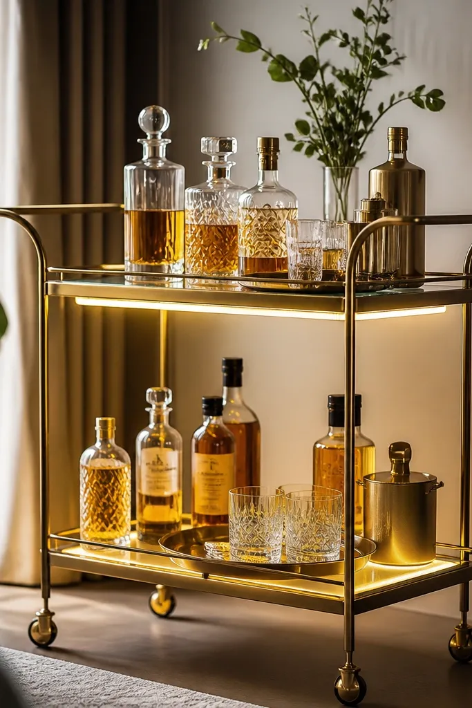 A bar cart with warm under-shelf LED strips. Bottles and glassware are arranged neatly, and the warm light makes the bottles look golden.