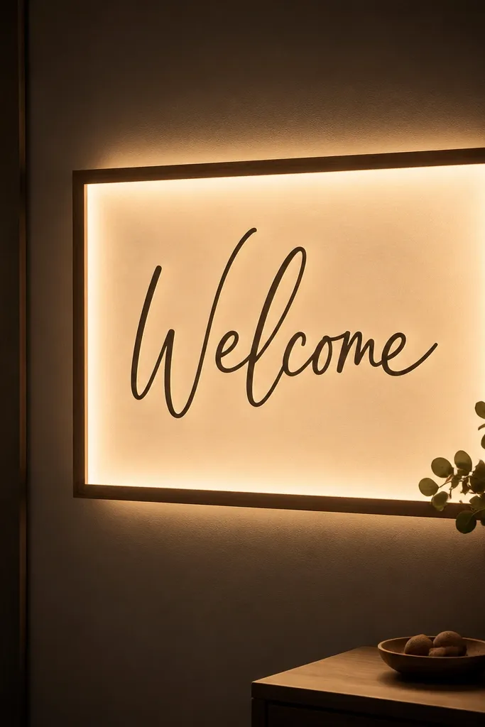 A welcome sign in a simple frame with a warm LED strip mounted behind it. The sign glows evenly, and the background stays dark enough for the text to pop.