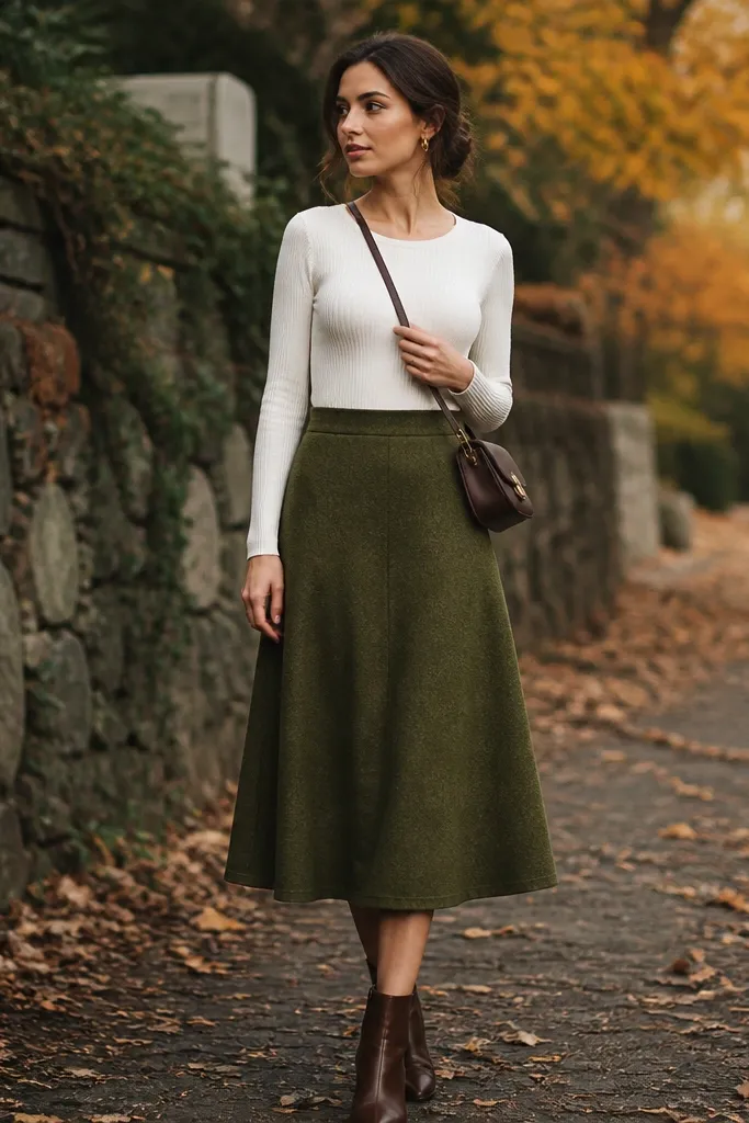 An olive green wool midi skirt paired with an ivory fitted knit top tucked in; gold hoop earrings and a small crossbody bag sit at the waist. The background shows an autumn outdoor walkway with fallen leaves.