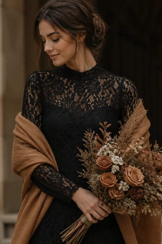A black long-sleeve lace dress with a fitted bodice and midi hem, layered with a caramel-brown wrap scarf draped over the shoulders. The photo shows close-up lace texture and warm brown tones in the bouquet.