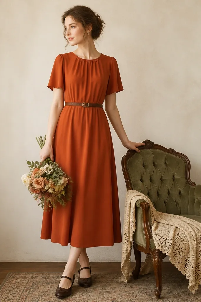 A rust-orange crepe tea-length dress cinched with a thin belt; the hem sits at the shin and the shoes are classic Mary Janes in dark brown. The image includes a small bouquet and a tidy, vintage-style chair setup.
