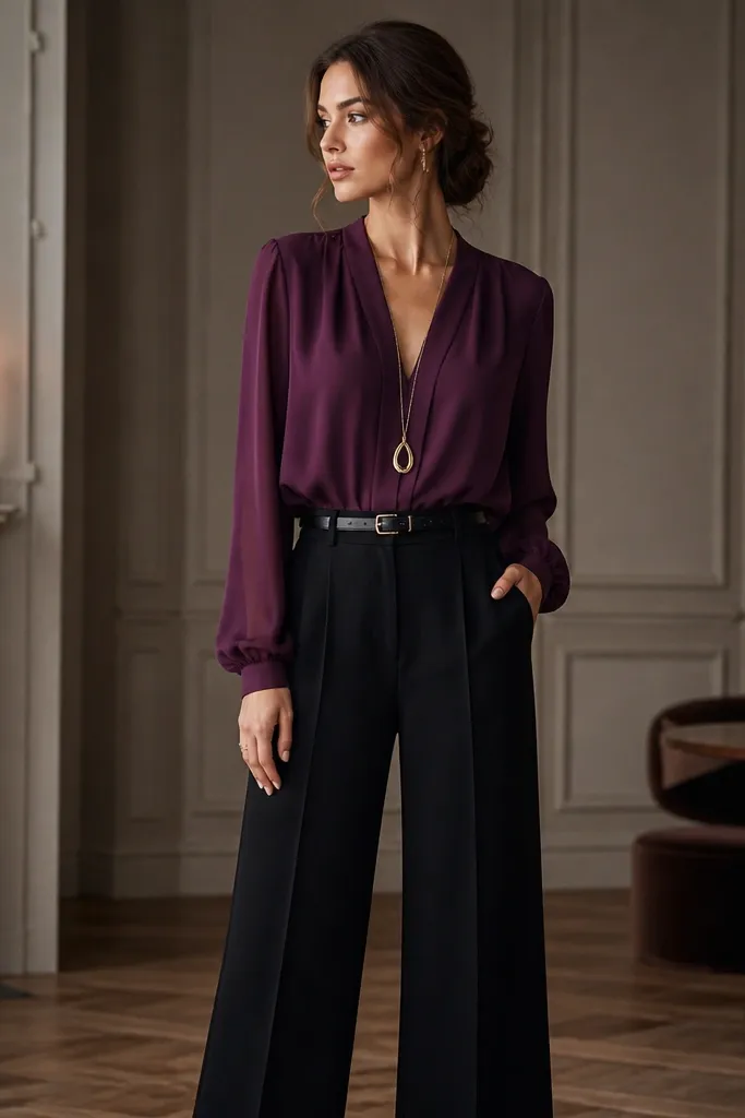 A plum chiffon blouse with a soft drape and a black high-waist wide-leg pant; the outfit is styled with a narrow belt and a long pendant necklace. The background shows a candlelit indoor space.
