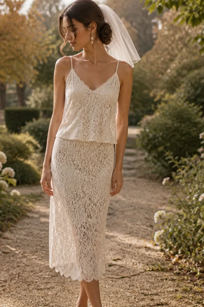 A cream lace camisole top paired with a matching mid-calf lace skirt; the set is styled with a soft veil comb and pearl drop earrings. The photo shows a garden path with soft fall light.