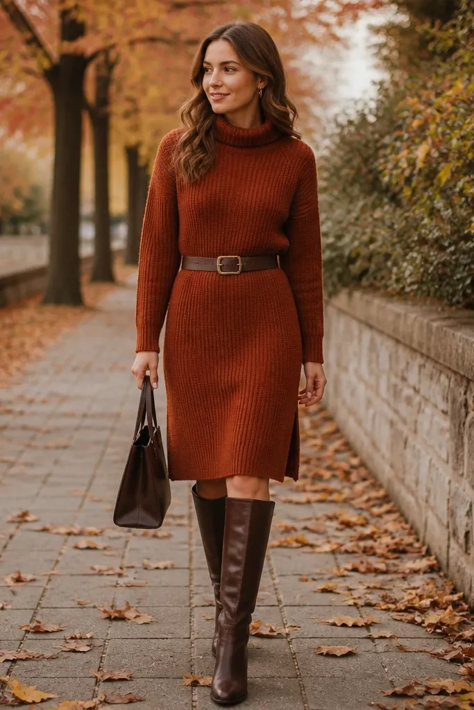 A rust-colored knit sweater dress cinched with a brown leather belt; the hem falls around the knee and the outfit includes dark brown knee-high boots. The photo shows an outdoor fall walkway.