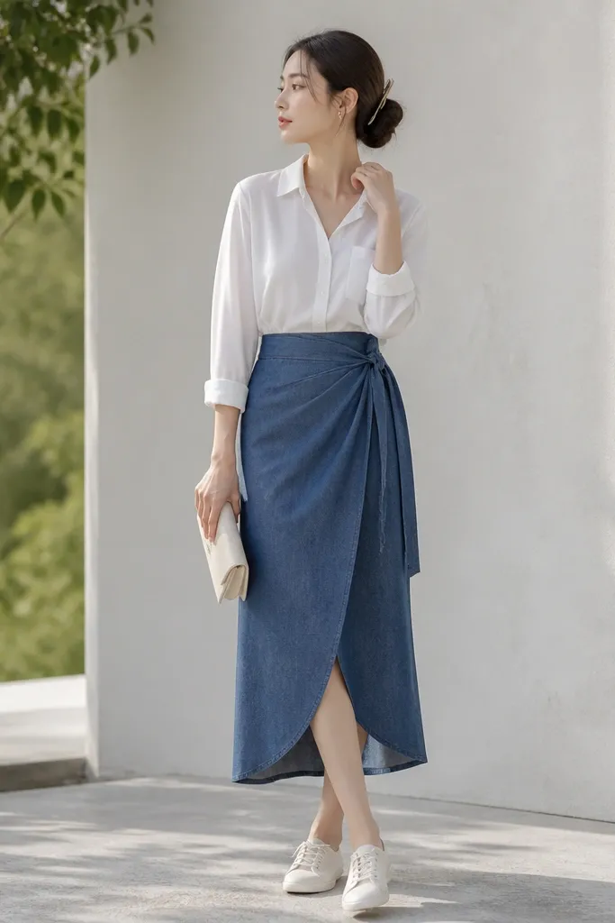 A denim-blue wrap skirt paired with a crisp white blouse; a silver hair pin sits in a low bun. The outfit is styled with white sneakers or low heels and a minimal clutch.