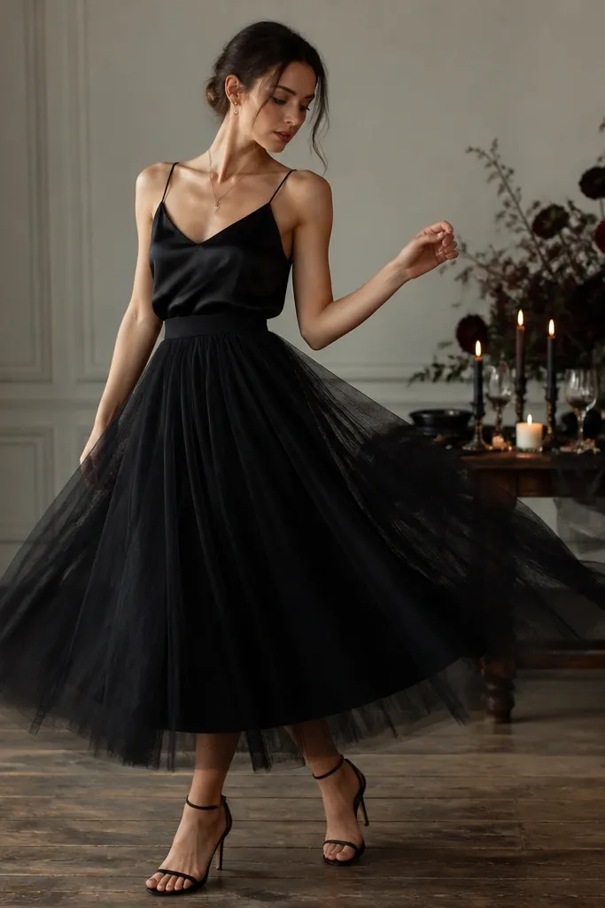 A black tulle midi skirt worn over a satin camisole; the look has a layered, airy volume and a smooth underlayer. The photo shows a candlelit table and a dramatic, soft skirt movement.