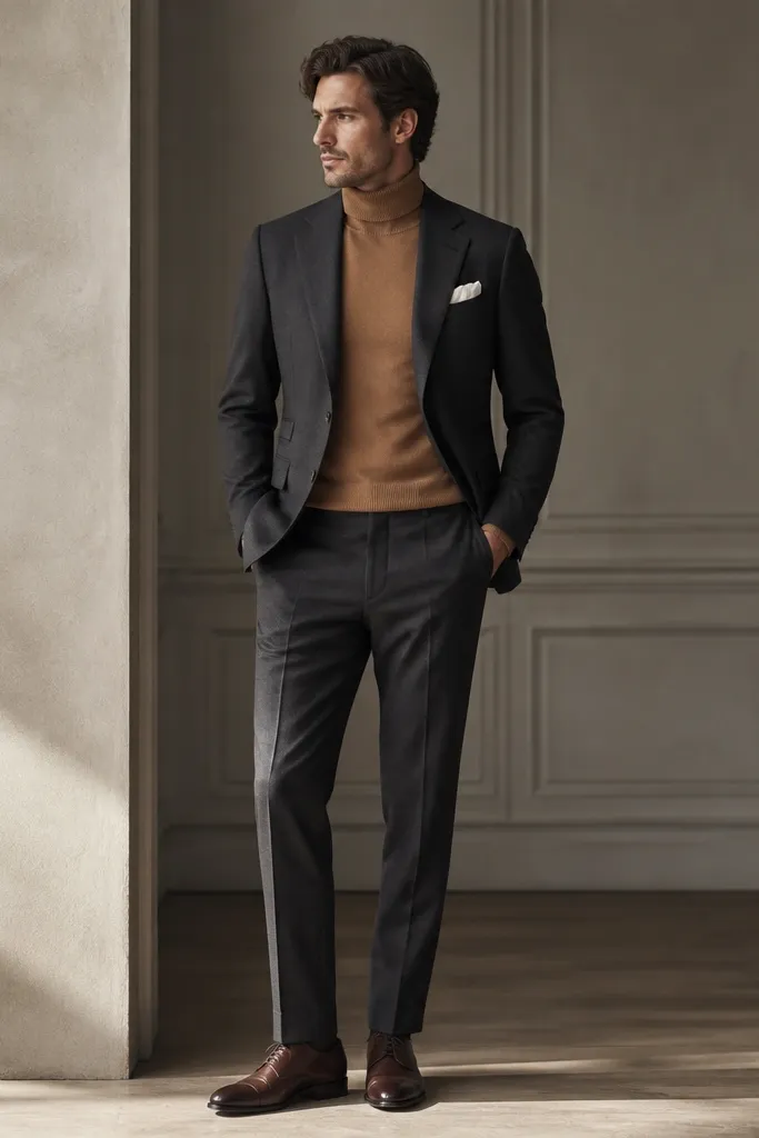 A charcoal suit jacket and trousers paired with a camel turtleneck; a white pocket square sits neatly in the breast pocket. The image shows a clean, formal look with brown leather shoes.