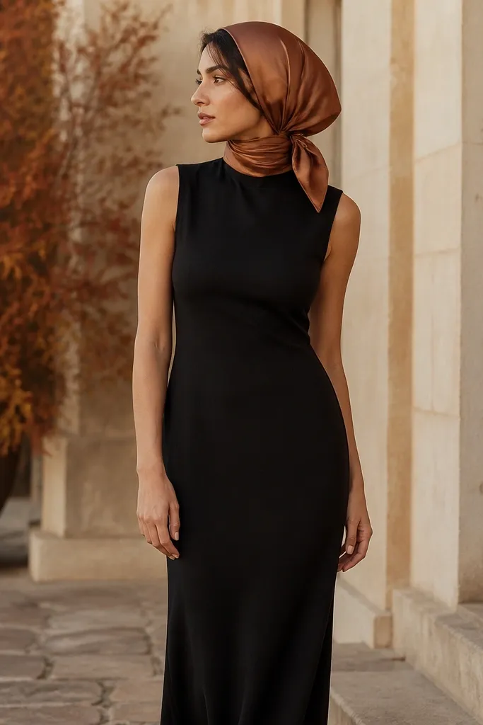 A black column dress with minimal seams paired with a sienna silk scarf wrapped around the head; the scarf has a soft sheen and a small knot at the side. The photo shows warm fall tones in the background.