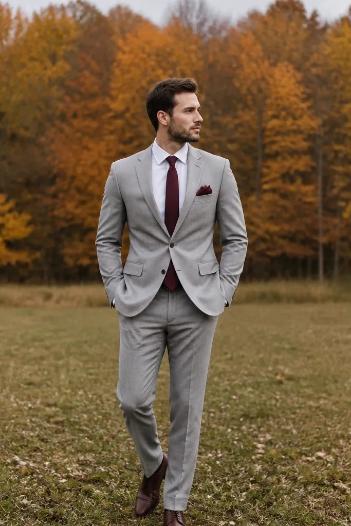 A heather gray suit with a burgundy tie and a folded pocket square; the shirt is white and shoes are dark brown. The photo shows a groom-style pose in front of an autumn tree line.