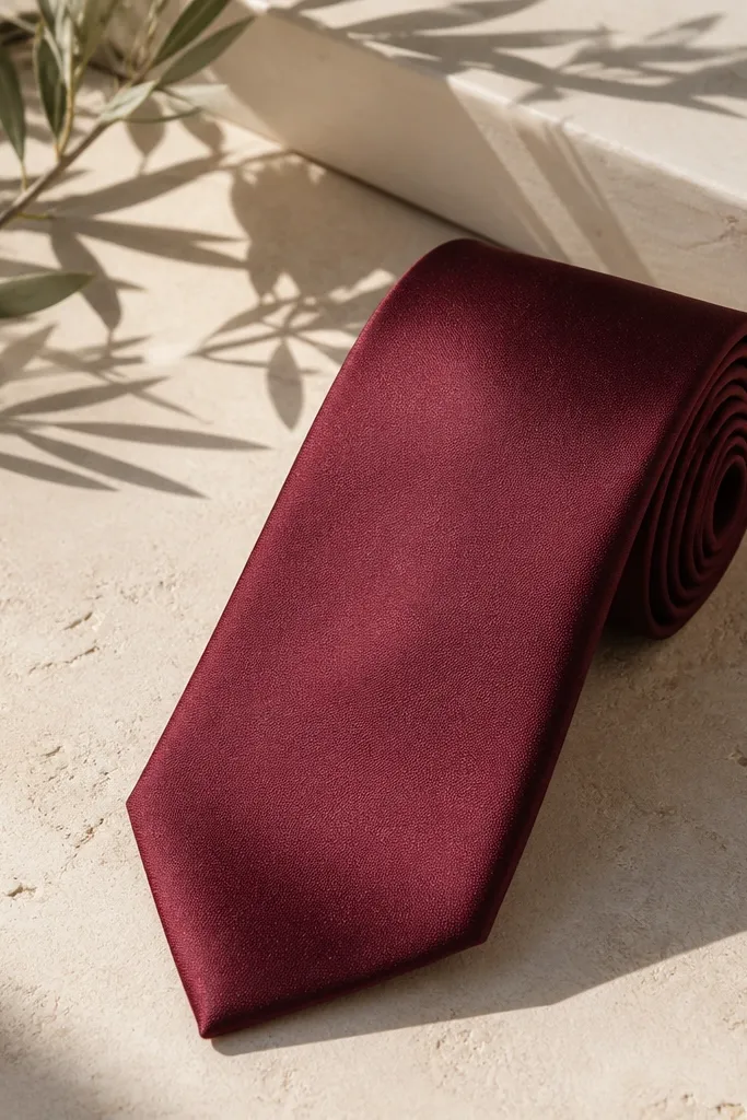 A burgundy tie with a subtle sheen, shown in bright outdoor light. The fabric looks smooth and weighted, with no wrinkled texture.