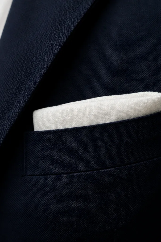 A white linen pocket square folded in a flat rectangle with a slight puff, placed in a navy suit breast pocket. The fabric texture is visible and matte.