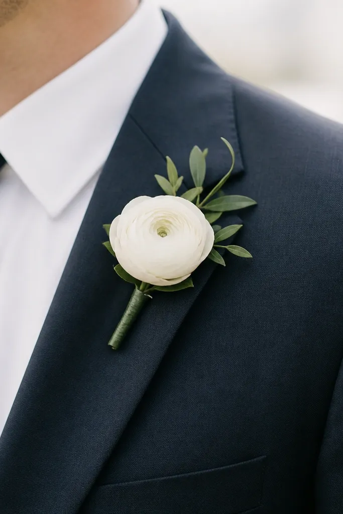 A small white boutonniere with a single flower and a little greenery, pinned to a suit lapel. The flower sits centered and slightly above the lapel opening.