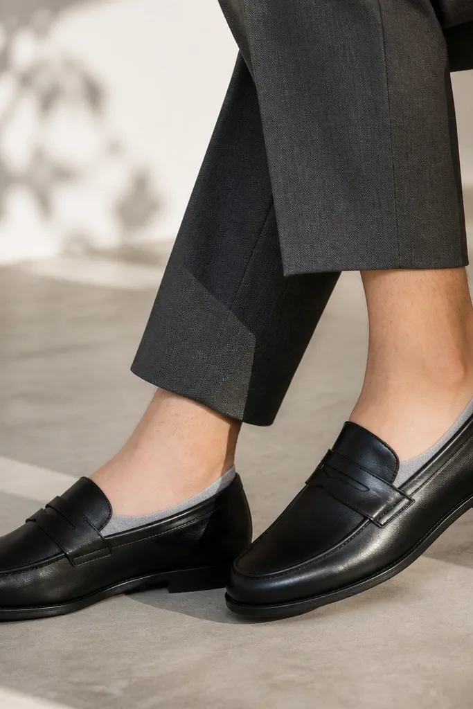Light grey no-show socks with a hidden grip band, paired with black leather loafers. The socks disappear above the shoe opening.