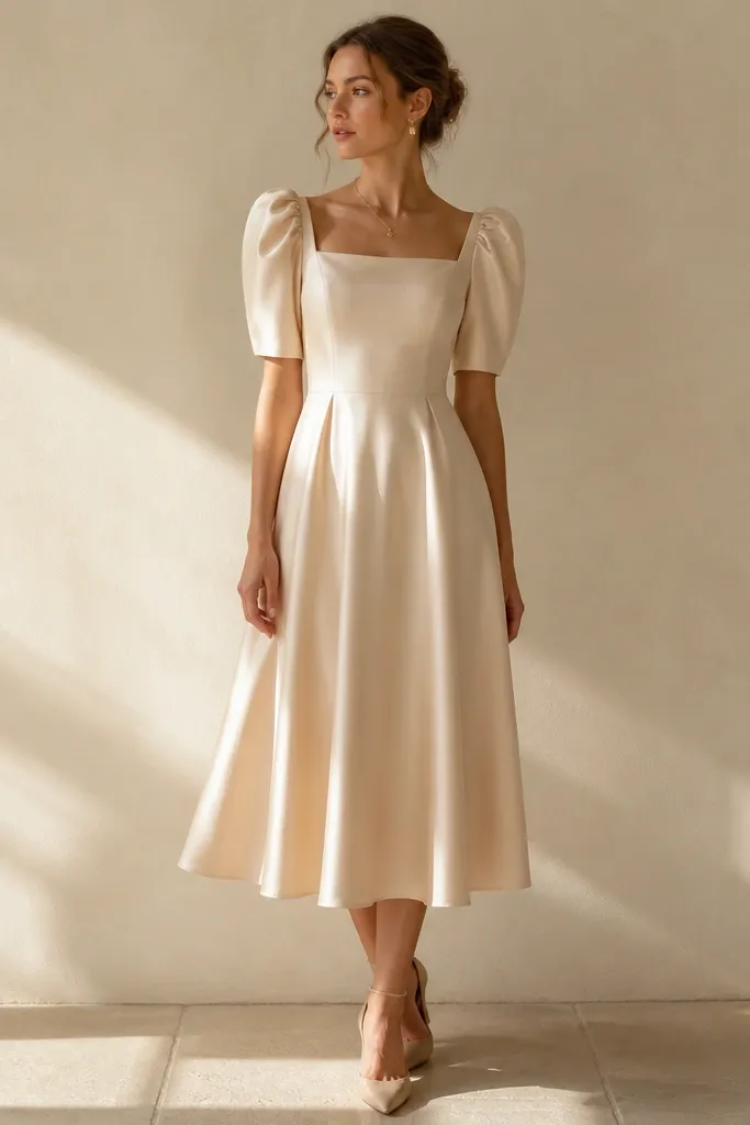 A light champagne midi dress with short puff sleeves and a structured shoulder seam. The sleeves sit smoothly and do not bunch at the elbow.