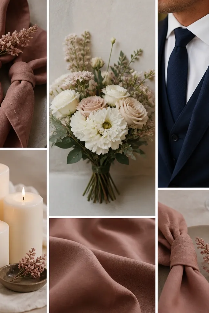 A mood board-like scene: dusty rose napkins, cream candles, deep navy suit, and a small bouquet of white and blush flowers. The tones look coordinated and matte.