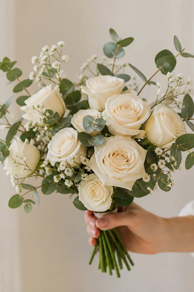 A compact hand bouquet with 10-12 stems: cream roses, small white filler flowers, and eucalyptus. The bouquet looks airy and not oversized.
