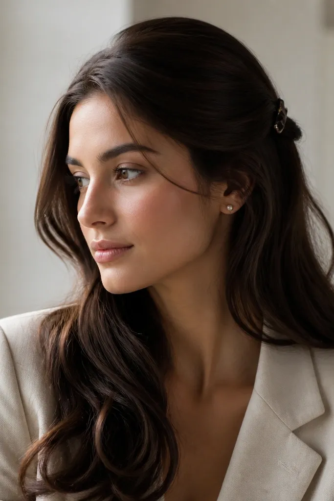A side-part hairstyle with soft waves, held by a discreet hair clip near the crown. The hair has a natural shine and stays smooth.