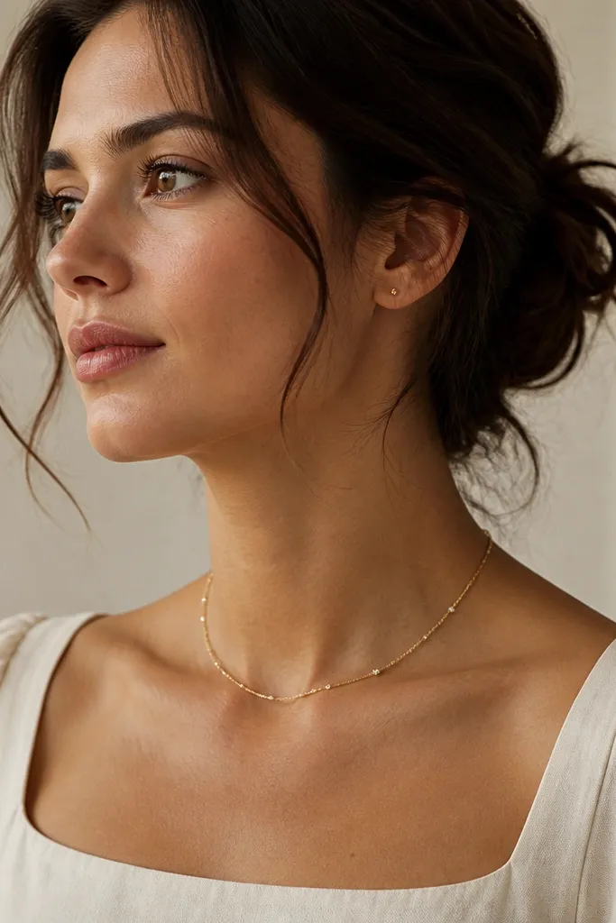A delicate gold necklace resting above the collarbone with small stud earrings. The dress neckline is a soft square shape.