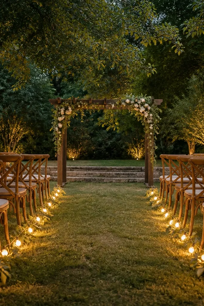 A small outdoor ceremony setup with warm string lights along chairs and two lanterns near the aisle. The light is soft and even, not harsh spotlights.