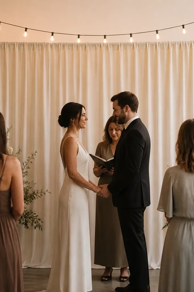A small wedding guest area photographed from the side: a 10-foot length of matte ivory fabric draped over two folding stands, with the fabric falling in soft vertical folds behind the couple. Guests in muted tones stand close in the foreground, and the background looks clean and uniform under warm string lights.