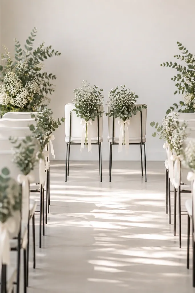 A row of simple white chairs with black metal frames, each chair back holding a small bouquet of eucalyptus and baby's breath tied with a soft ivory satin ribbon. At the center, two chairs hold slightly larger clusters for a clear photo focal point. The aisle looks bright and open, with no overhead installations.