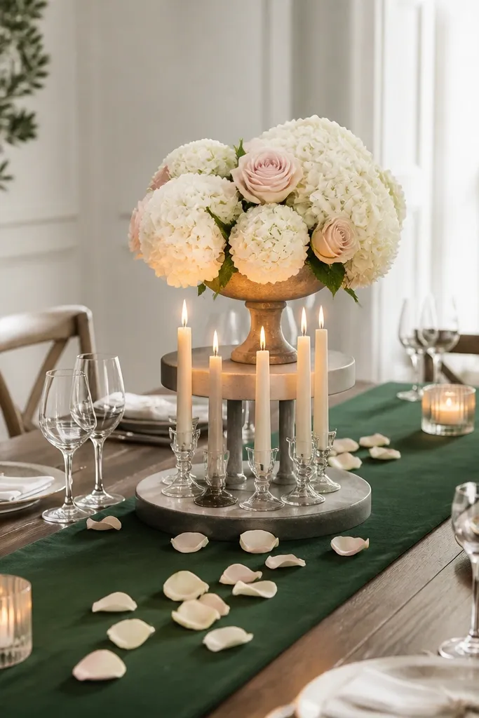 A dining table set with a deep green runner. In the middle sits a two-tier arrangement: a small pedestal holding white hydrangea heads and blush roses, and a lower tier with taper candles in clear holders. Around it are a few scattered petals and two extra candle cups at the ends of the table.