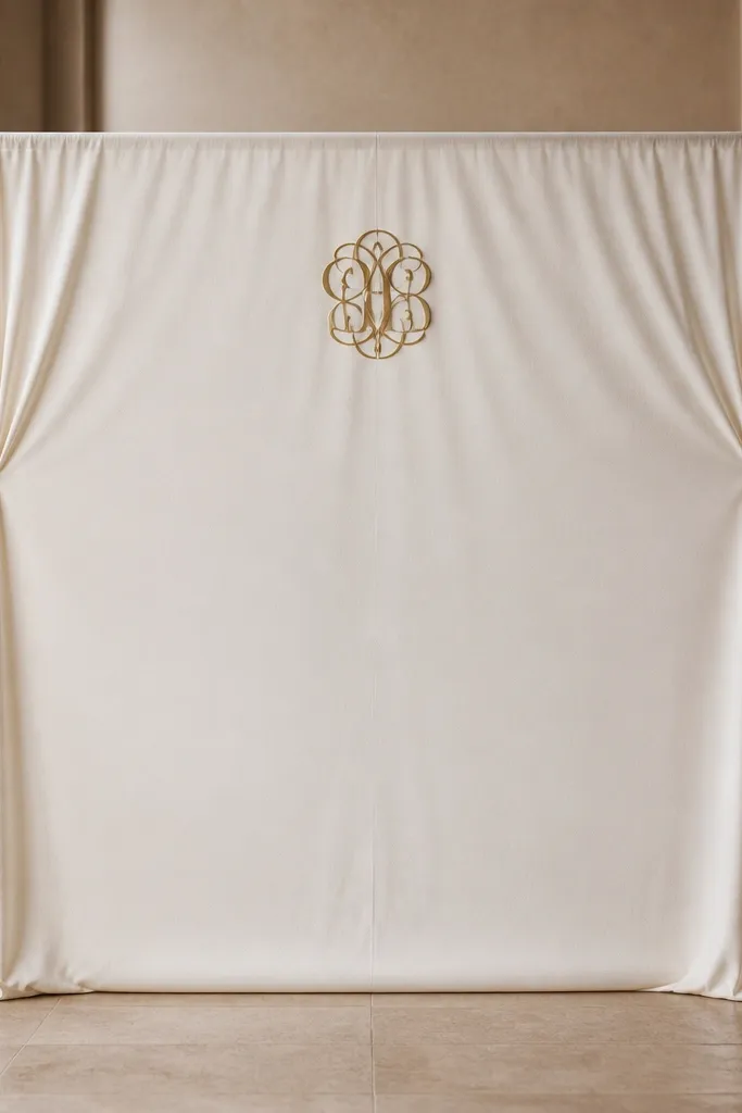 A freestanding frame holds a smooth off-white fabric panel, slightly gathered at the sides. The fabric is weighted at the bottom with small sandbags hidden under a hem. Behind it, there are two tall taper candles on either side and a small monogram sign at the top center.