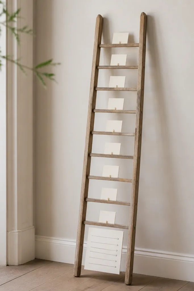 A slim wooden ladder leaning against a wall. Each rung has one small place card holder with cream cards. At the bottom of the ladder is a single sheet sign with a simple arrow list that groups guests by row or table number. There are no busy decorations around it.
