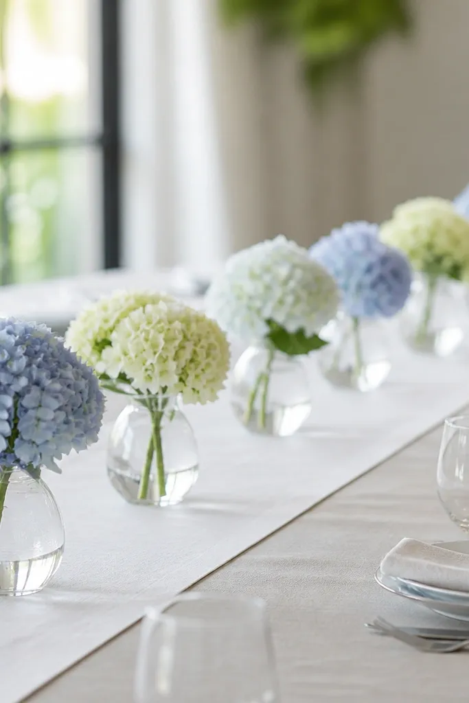 On a long table, there are evenly spaced small bud vases holding one or two stems each. The vases are clear glass with a few hydrangea blooms. The stems repeat across the table, while the runner remains mostly clean. The lighting creates small highlights in each vase.