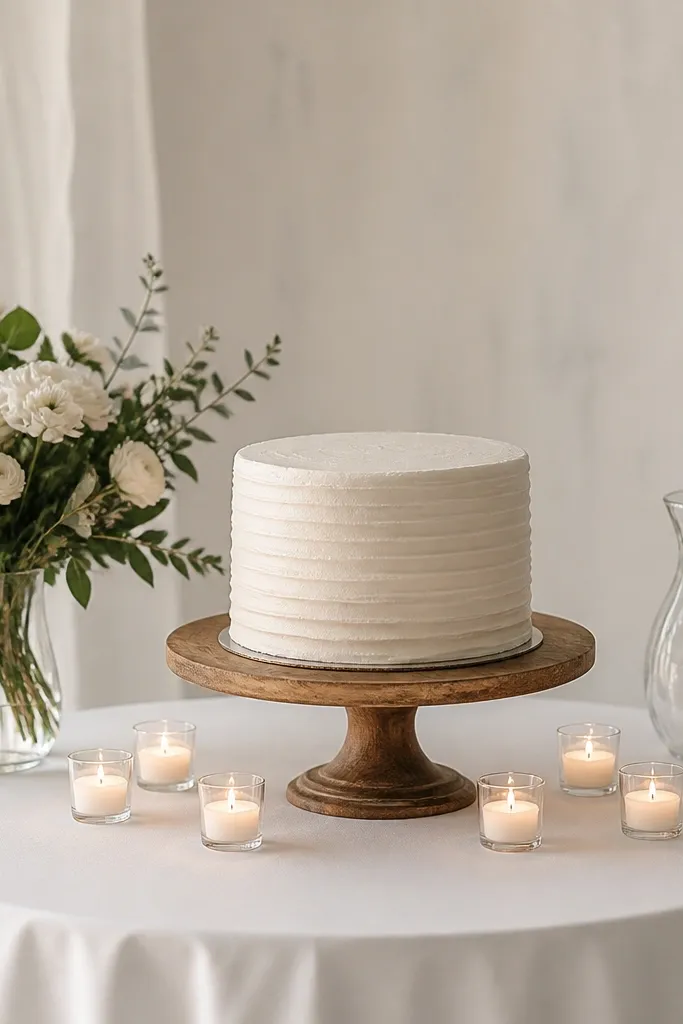 A simple cake table with a white cloth and a single wooden riser. The cake sits centered with a small ring of candles around it. On one side is a tight cluster of white flowers and greenery, and on the other side is a matching empty vase for balance.
