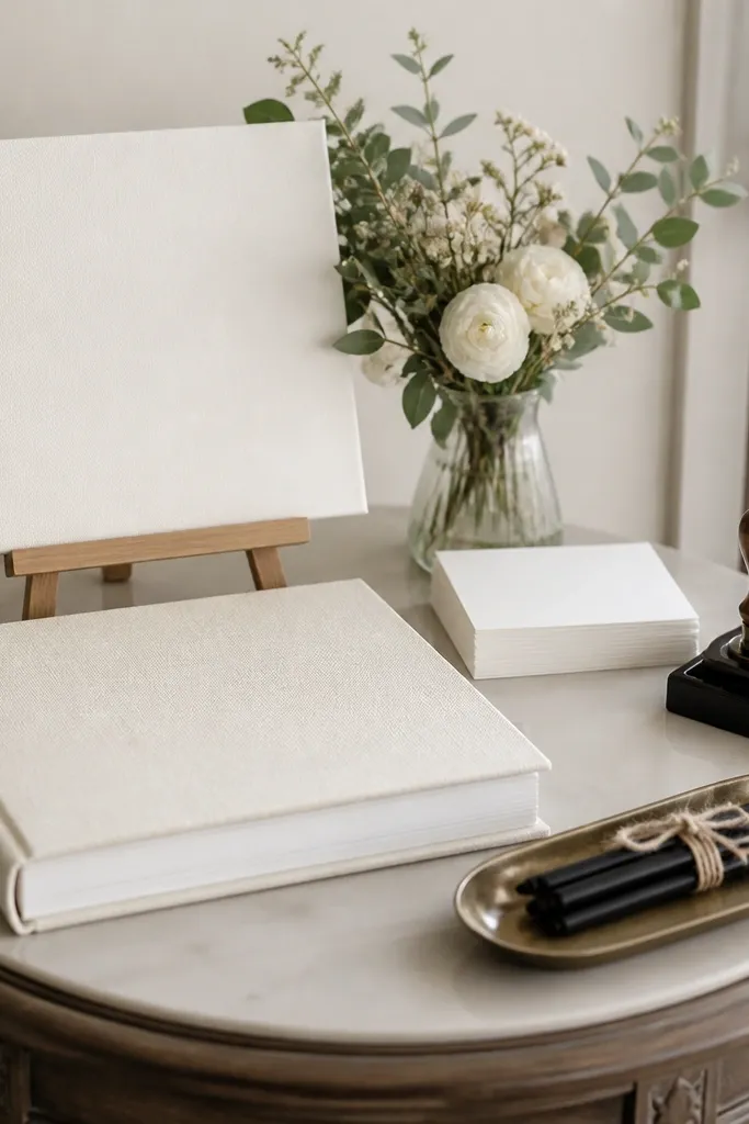 A guestbook table set on a small side table. There is a thick cream guestbook, a stack of blank cards, and a small ink stamp with a custom stamp pad. A tray holds pens tied with twine, and a simple sign sits on an easel.