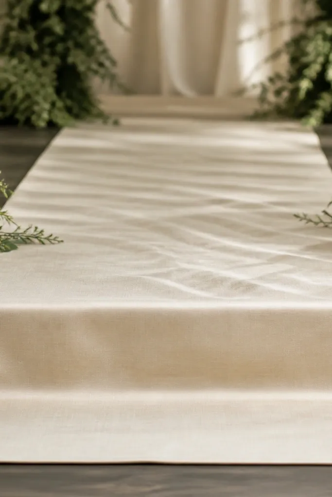A champagne satin-leaning linen runner laid across a stage floor, with a crisp folded edge that creates a bright 12-inch band at the front for camera focus. Soft wrinkles fall naturally, and small clusters of greenery sit near the sides.