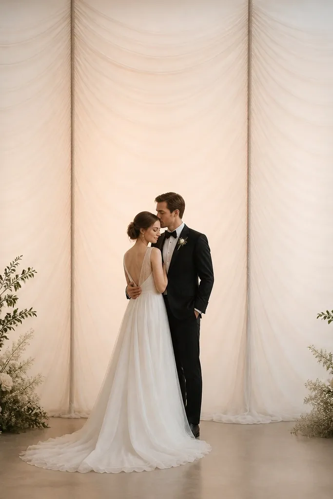 A sheer-to-opaque drape backdrop with visible vertical tension seams - fabric panels pulled taut in three columns, with soft waves only between the seams. The drape frames the center area where the couple stands.