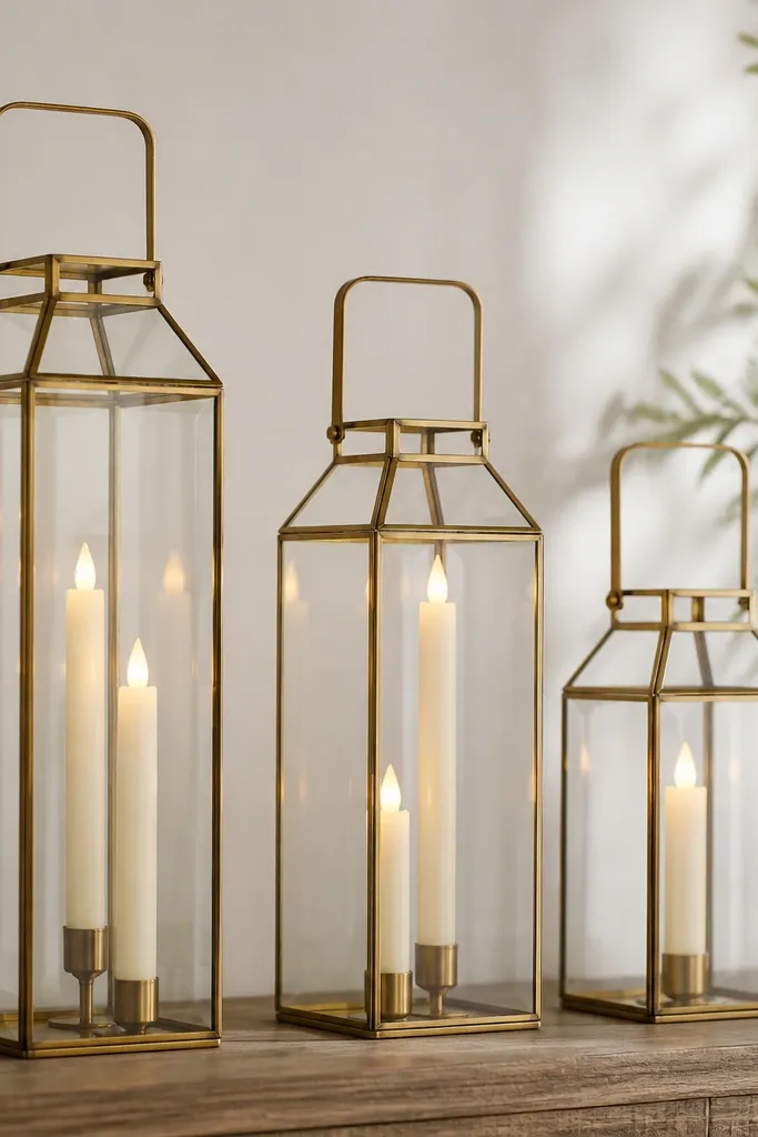 Three glass lanterns in a row, varying heights. Each lantern holds LED taper candles with warm white light, and the glass reflects subtle highlights.