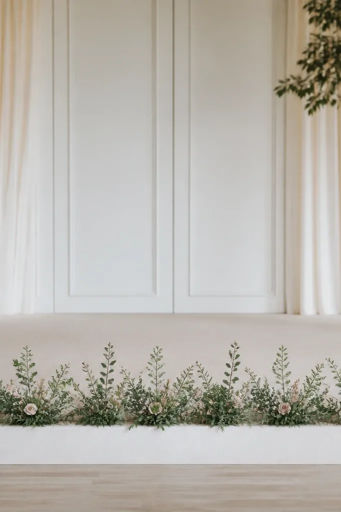A low floral strip along the stage front edge, made of mixed greenery and small blush flowers. Stems are spaced evenly in 18-inch intervals, with no tall items blocking the view.