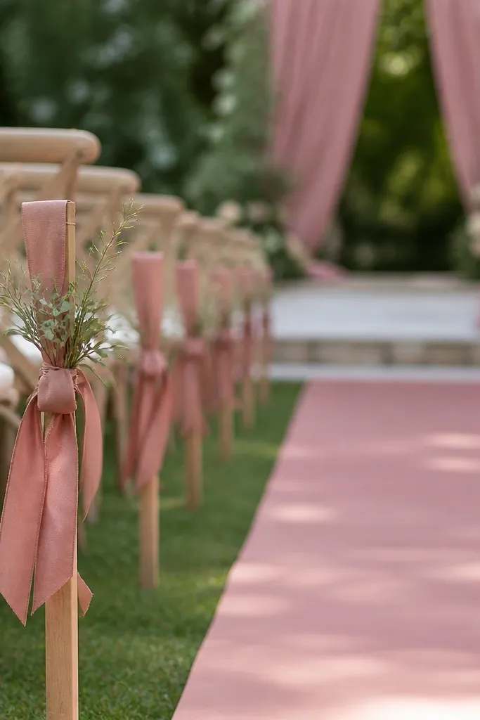 Small aisle markers made from matching fabric ribbon wrapped around simple stakes, with tiny greenery ties. The ribbon color matches the stage runner and backdrop drape.