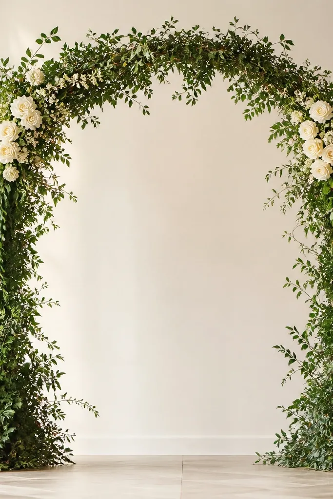 A light arch frame wrapped in greenery, leaving an open center panel. The open space is framed by two denser green columns, and soft white florals sit near the top corners.