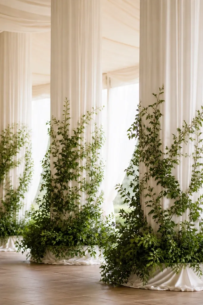 Tall columns wrapped in ivory fabric with soft vertical folds. The base is hidden under greenery and a smooth fabric skirt, making the columns look stable and tall.