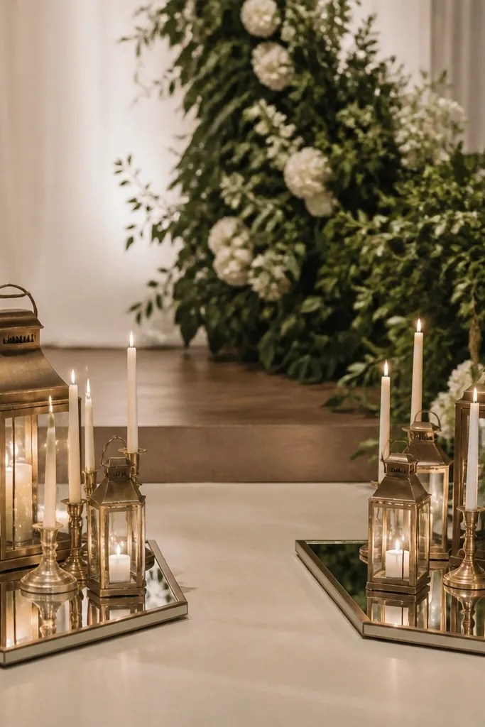 Two mirrored trays on the stage floor, each holding a cluster of small lanterns and taper candles. The mirror reflects the lantern light and greenery.