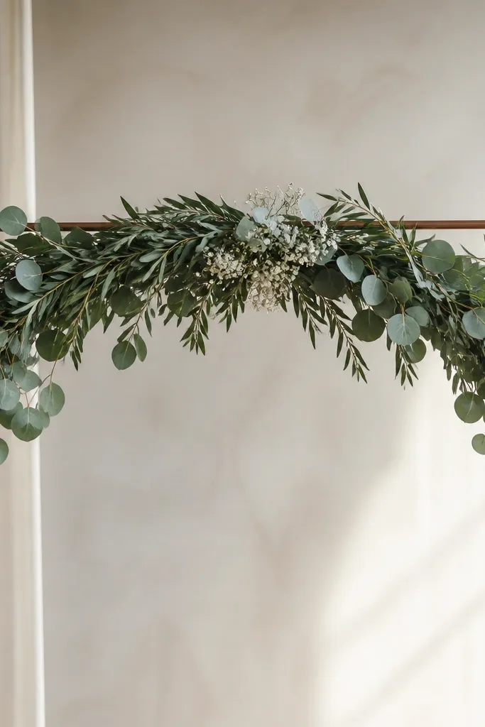 A swag of matte eucalyptus and olive greenery draped across a simple metal frame. The swag has a smooth arc and small white filler flowers tucked near the center.