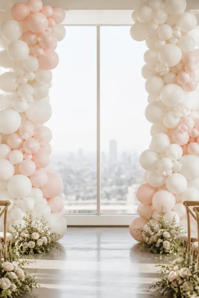 Behind the ceremony area, balloon clusters hang in curtain-like sections with a mix of matte white and blush. The clusters are arranged in two vertical columns with a clear center gap.
