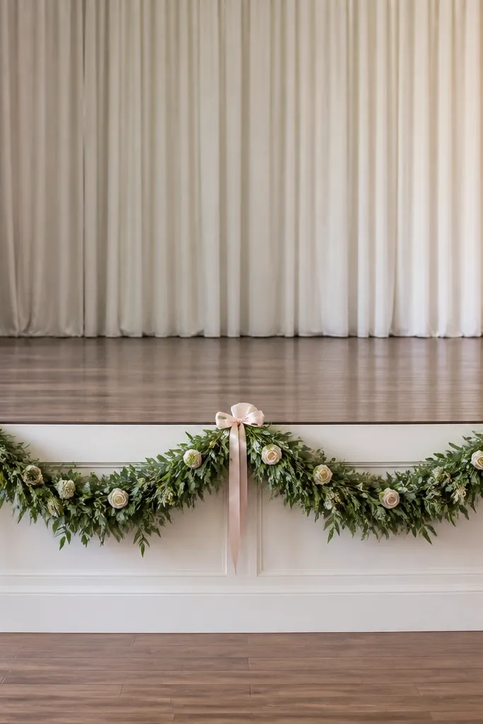 A stage front garland draped in a gentle wave, with small ribbon ties visible at regular intervals. The garland is green with light blush accents, and the ties keep the wave even.
