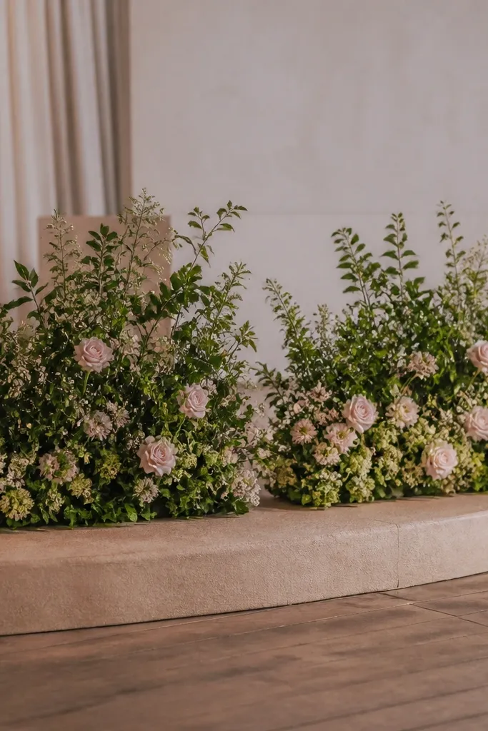 Two rectangular floral foam blocks covered in greenery and small blooms, placed side-by-side on the stage. The blocks show two distinct color zones: olive green base and blush accents.