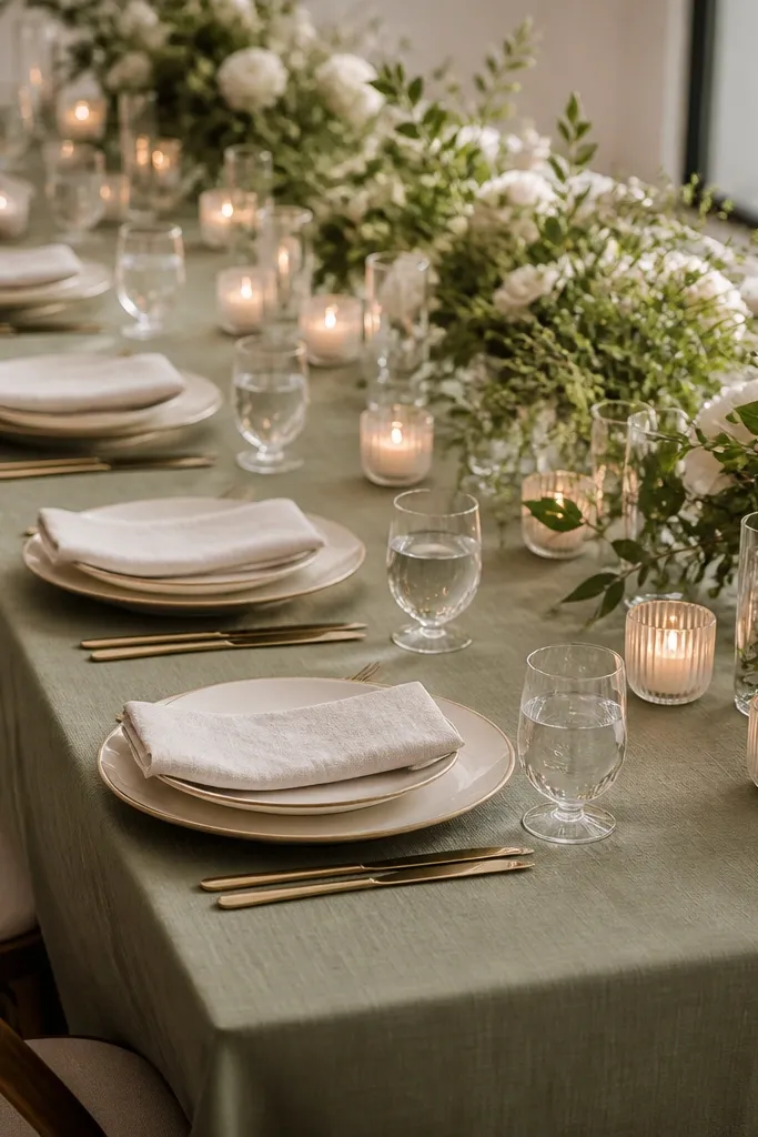 A long wedding table covered with dusty sage cloth. Warm ivory dinner plates sit centered on simple chargers. Folded napkins are in soft off-white with visible linen texture. Clear water glasses and brass cutlery reflect light. Small cream candles in glass holders line the runner.